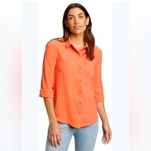 Eddie Bauer Womens Classic Fit Button Down Shirt Sz L Coral UV Protection Hiking